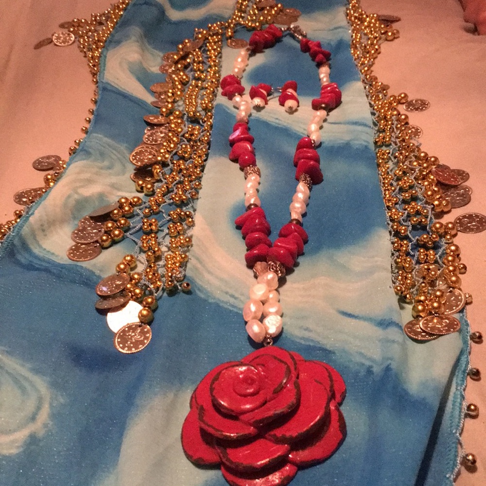 Handmade wooden flower with pearl earrings